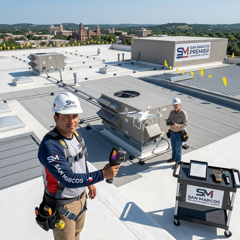 Firefly-Gemini-Flash-professional-commerical-roof-inspection-by-san-marcos-premier-commercial-roofing-484794.png Technician working near HVAC unit with tools