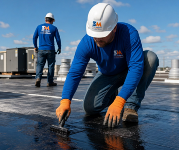 Commercial roofing contractors on flat rooftop | San Marcos roofing crew