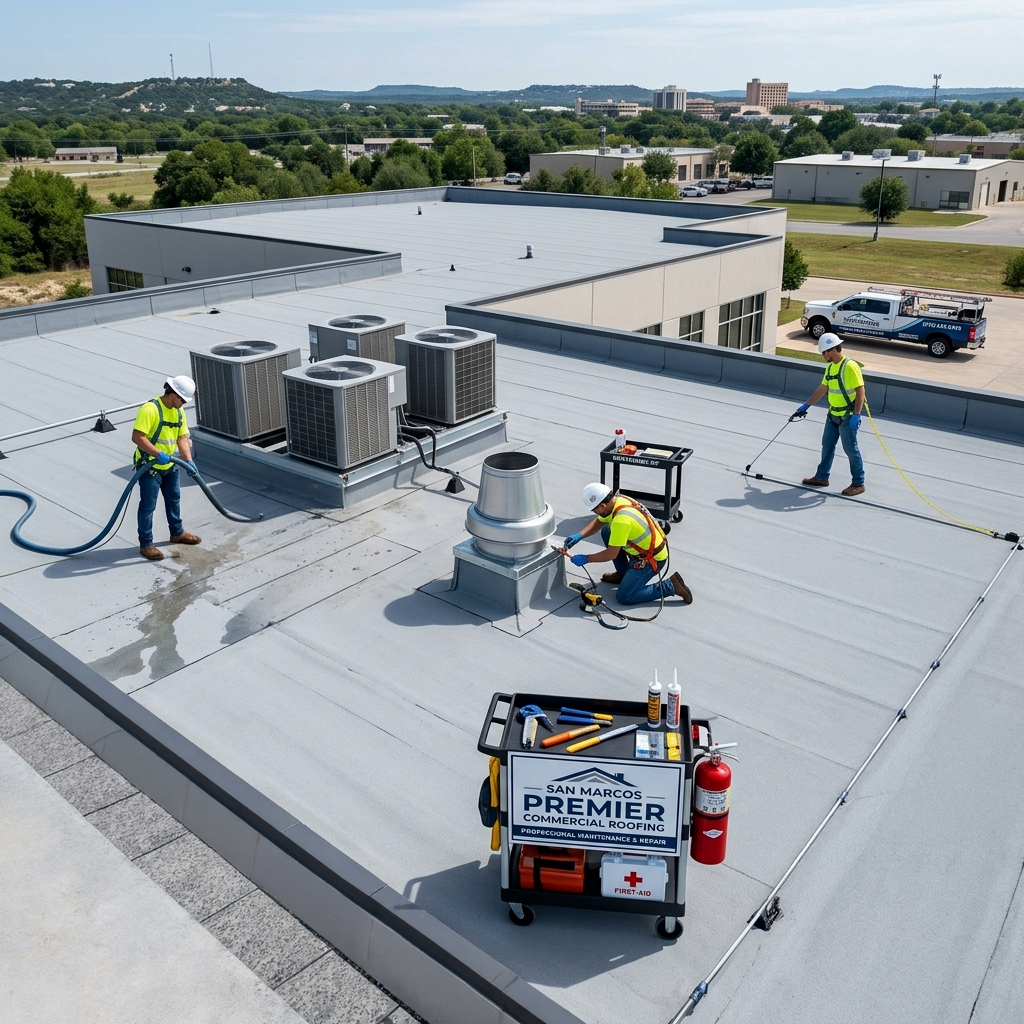 Firefly-this-is-supposed-to-be-a-wall-at-the-side-of-the-building-.png Aerial view commercial flat roof installation | San Marcos roofing project