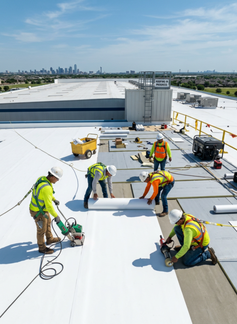 Firefly-Gemini-Flash-professional-commerical-roof-replacement-texas-484794.png Reflective white roof coating application | energy-efficient commercial roofing