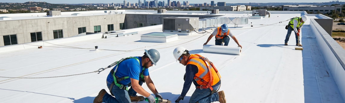 Firefly-Gemini-Flash-professional-commercial-roofing-in-texas-868199.png Workers applying roof coating
