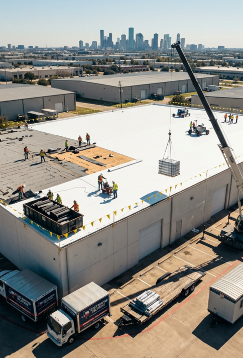 Firefly-Gemini-Flash-professional-commerical-roof-replacement-in-texas-484794.png Aerial commercial roof project with crane | large-scale roofing