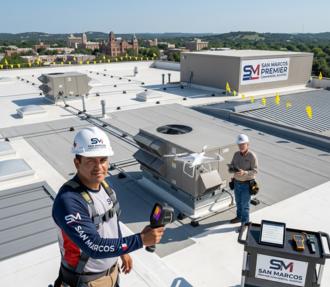 Technician working near HVAC unit with tools