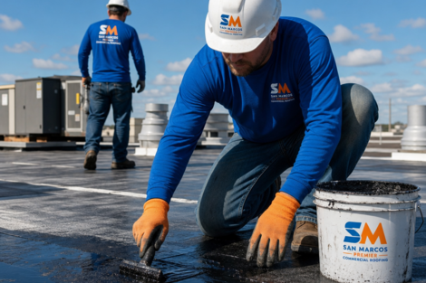Firefly-gpt-image-professional-office-roof-leak-repair-by-san-marcos-premier-commercial-roofing-the-lo-22134.png Roof coating application by hand | commercial roof maintenance