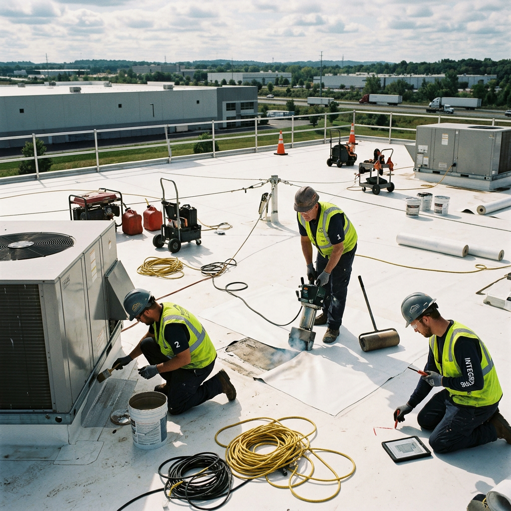 Firefly.png Crew installing commercial roofing on rooftop