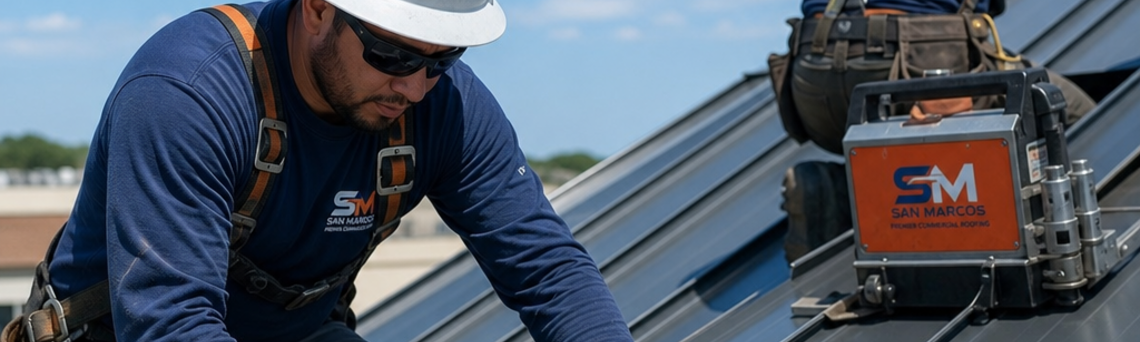 Firefly-gpt-image-professional-standing-seam-metal-roof-service-by-san-marcos-premier-commercial-roofin-22134.png Commercial roofing crew with equipment on rooftop