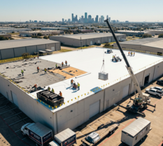 Aerial commercial roof project with crane | large-scale roofing