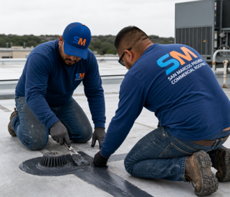 Roofing technicians installing commercial roof membrane
