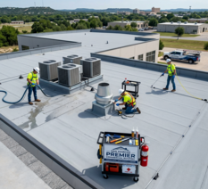 Aerial view commercial flat roof installation | San Marcos roofing project