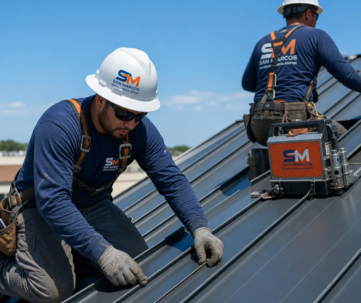 Commercial roofing crew with equipment on rooftop