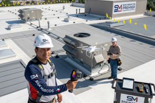 Firefly-Gemini-Flash-professional-commerical-roof-inspection-by-san-marcos-premier-commercial-roofing-484794.png Technician working near HVAC unit with tools