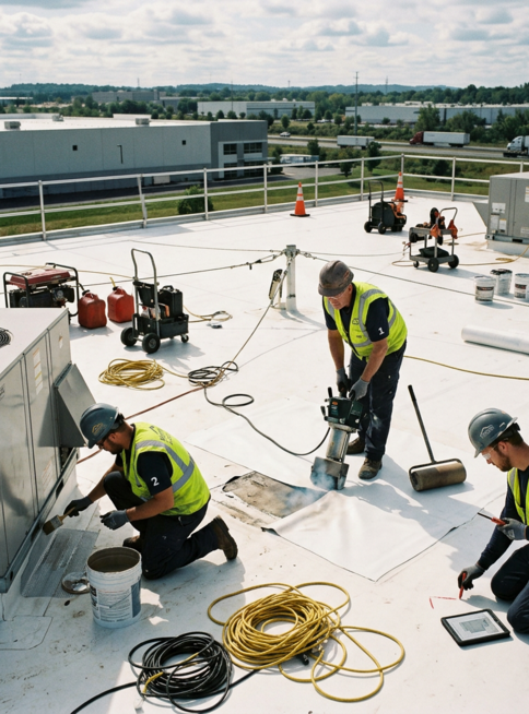 Firefly.png Crew installing commercial roofing on rooftop