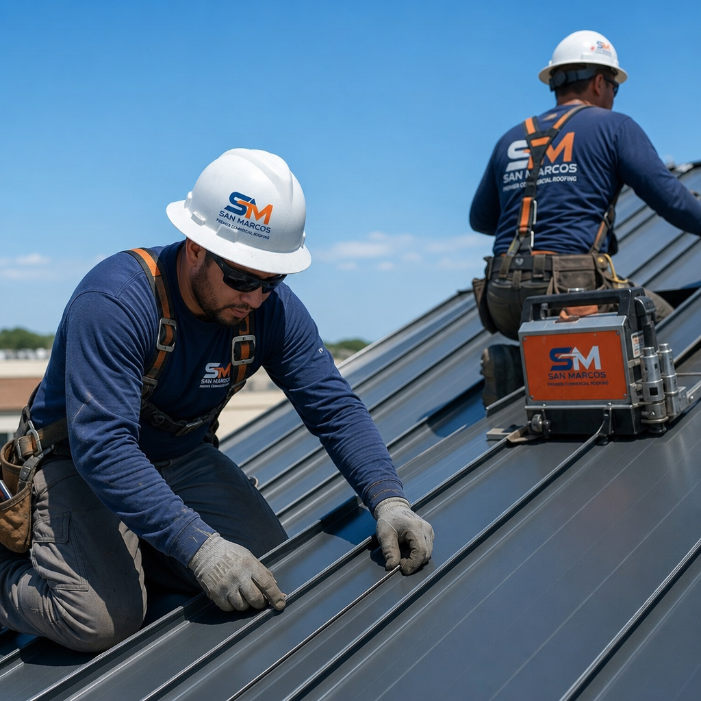 Firefly-gpt-image-professional-standing-seam-metal-roof-service-by-san-marcos-premier-commercial-roofin-22134.png Commercial roofing crew with equipment on rooftop