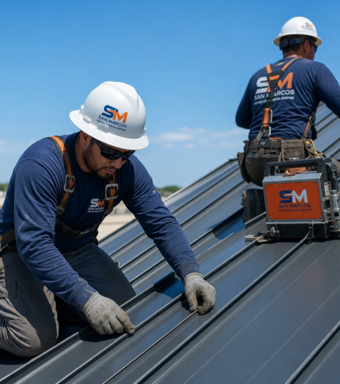 Firefly-gpt-image-professional-standing-seam-metal-roof-service-by-san-marcos-premier-commercial-roofin-22134.png Commercial roofing crew with equipment on rooftop