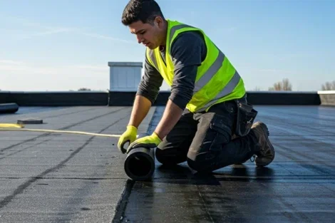 flat-commercial-roof-membrane-installation.webp Roofer measuring and positioning a roll of modified bitumen membrane on a flat commercial roof