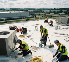 Crew installing commercial roofing on rooftop