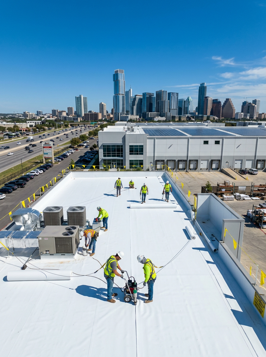 Firefly-Gemini-Flash-professional-commercial-roofing-in-texas-484794-1-.png Aerial city skyline with rooftop crew at work