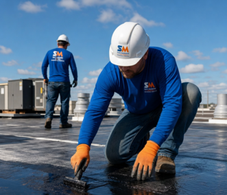Commercial roofing contractors on flat rooftop | San Marcos roofing crew